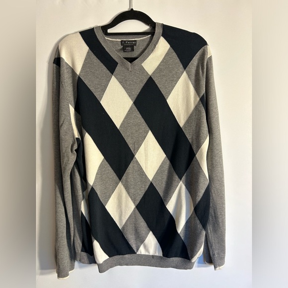 J.FERRAR VTG MODERN FIT BLACK/GREY/CREAM DIAMOND PRINT V-NECK SWEATER MEN’S LG - Picture 1 of 5